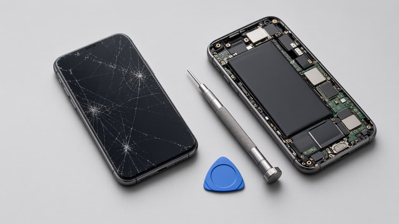 Cracked phone, open device and repair tools on a workbench